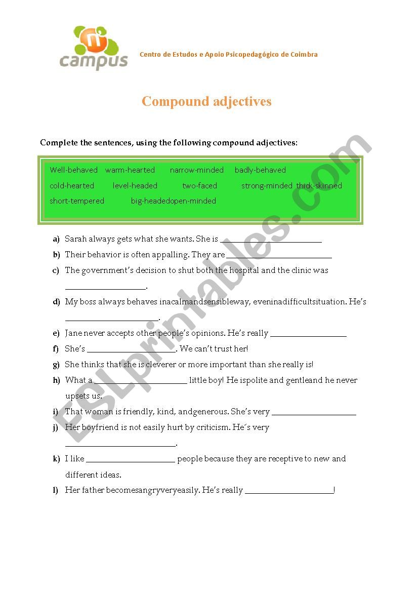 Esl Compound Adjective Worksheet