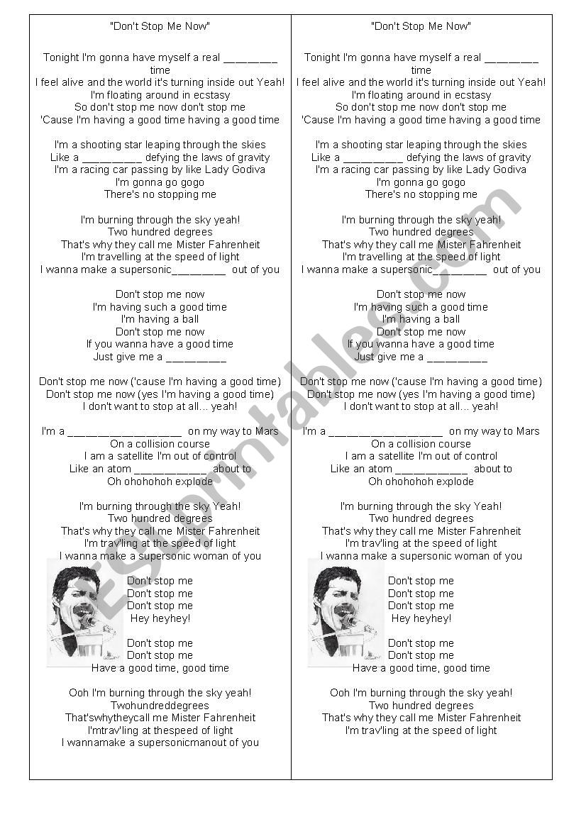 Dont stop me now lyrics worksheet