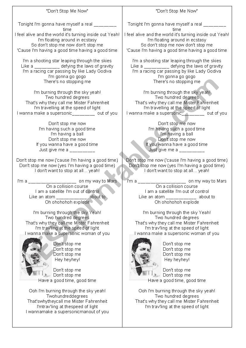 DonÂ´t stop me now lyrics worksheet
