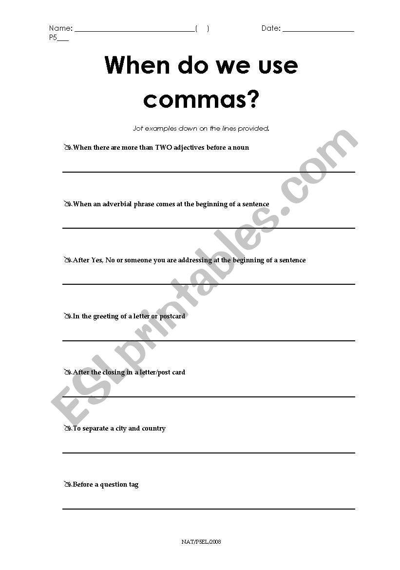 When do we use commas? worksheet