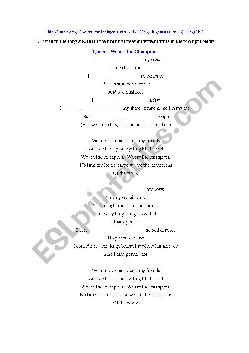 Queen - We are the champions worksheet