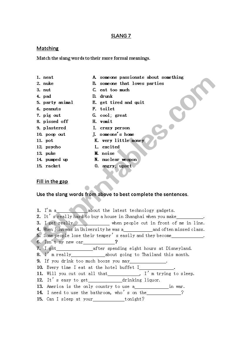Slang Words (7/10) worksheet