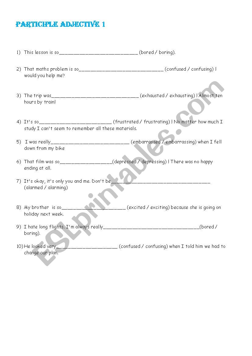 participle adjective worksheet