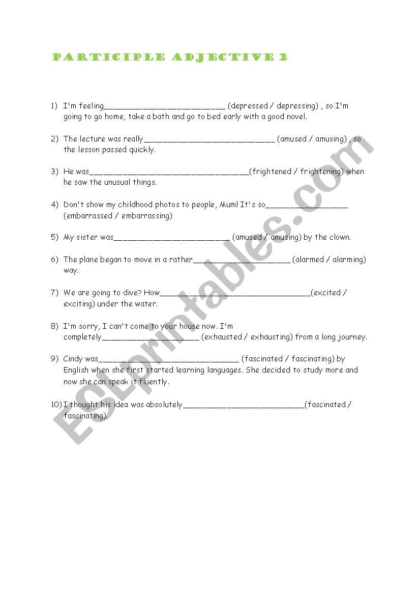 participle adjective worksheet