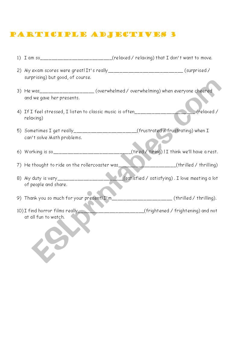 participle adjective worksheet