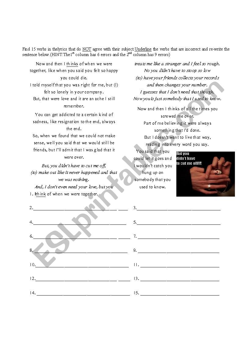 Subject word agreement song worksheet