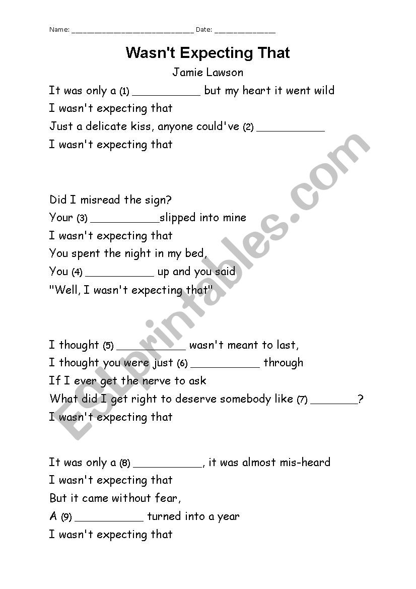 Fill-in-the-Gaps listening activity using song WasnÂ´t Expecting That by Jamie Lawson