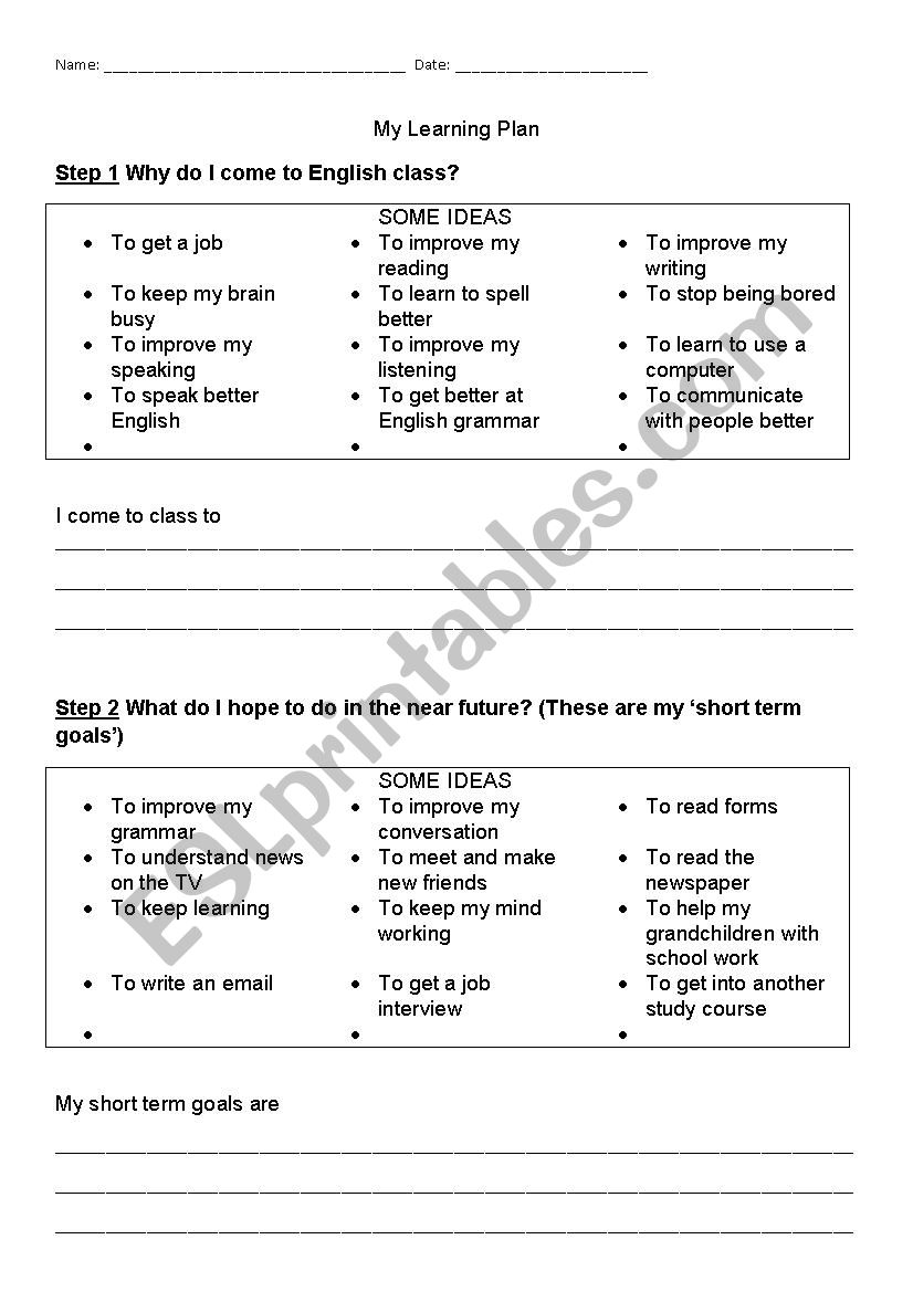 Worksheet to Help Students Plan/Articulate their Learning Goals