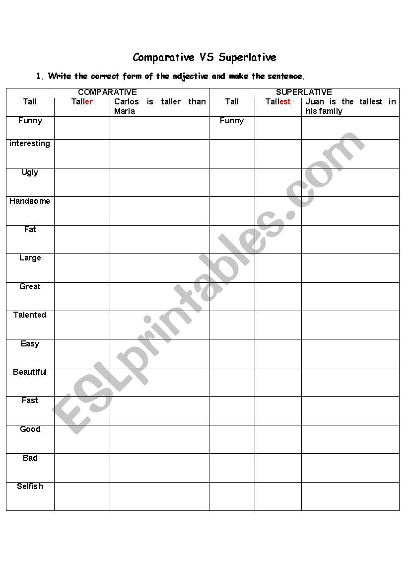 Comparatives Vs Superlatives worksheet