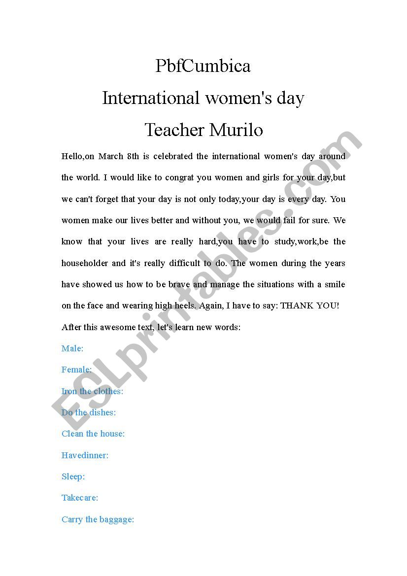 Womens day worksheet