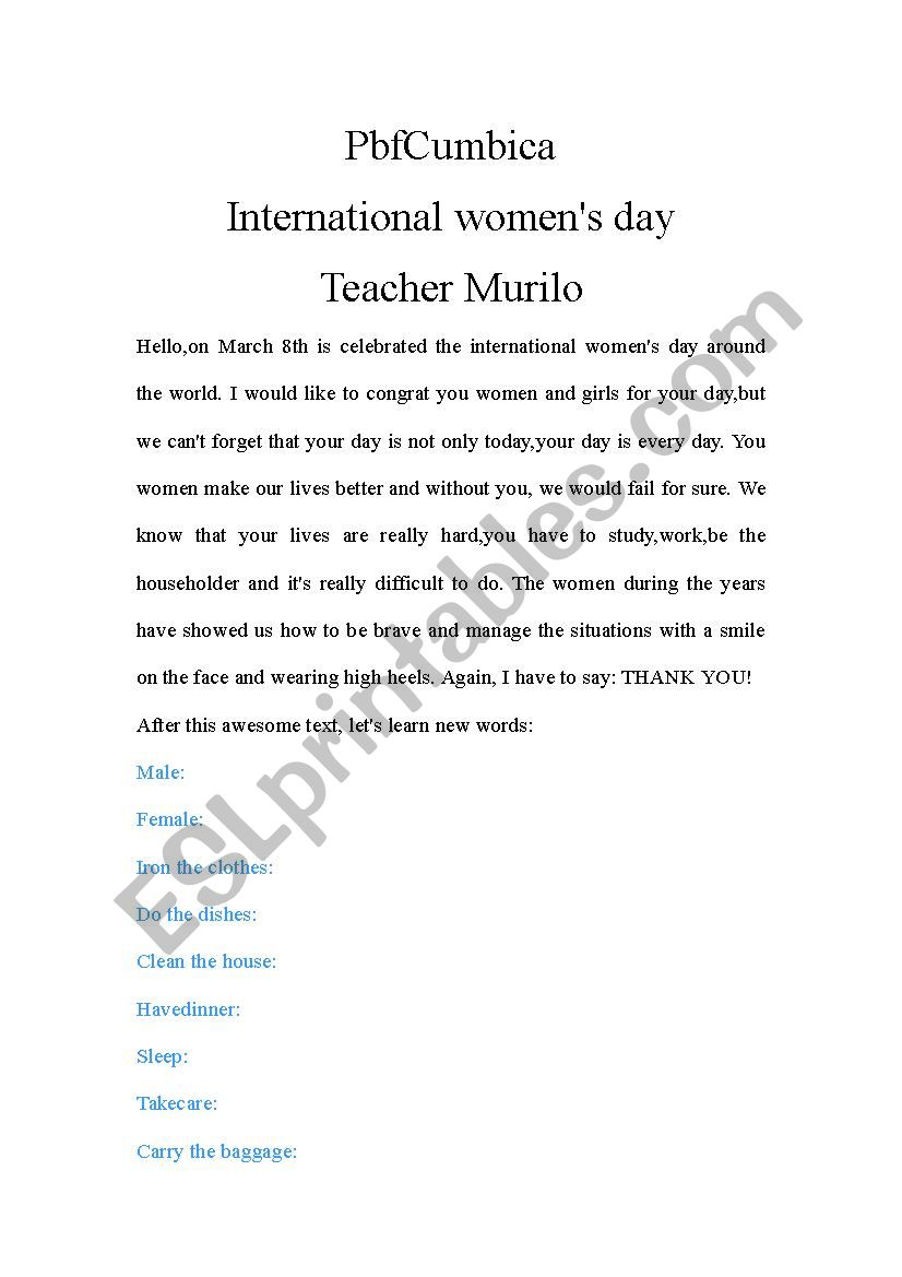 Womens day worksheet