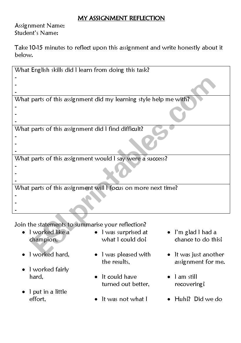 Project Reflection worksheet