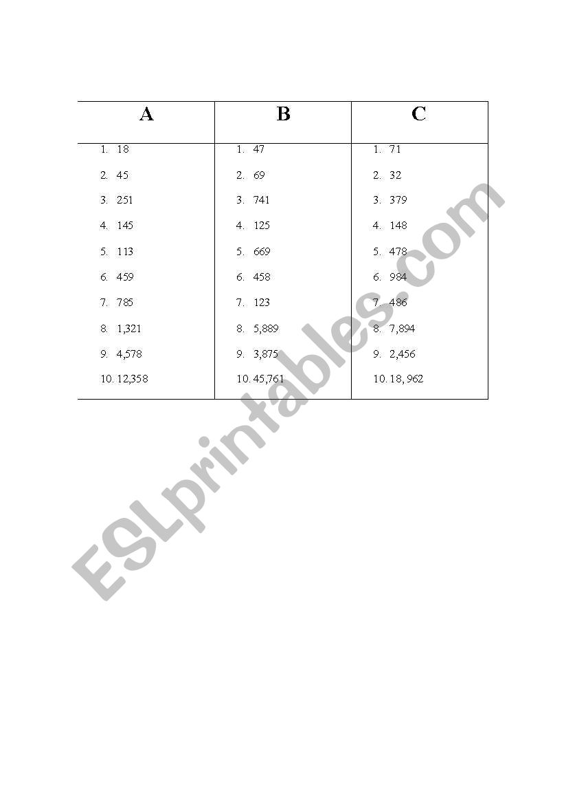 Numbers Race worksheet