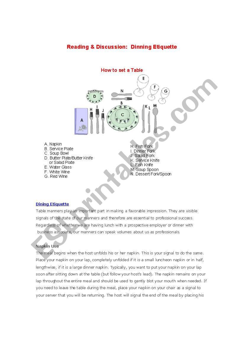 Dinning Ettiquete worksheet