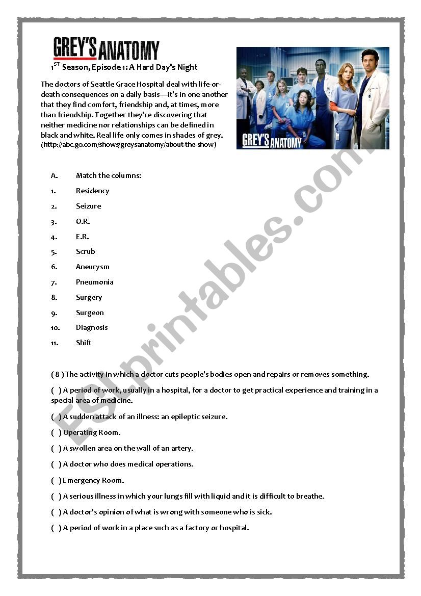 GreyÂ´s Anatomy Pilot worksheet