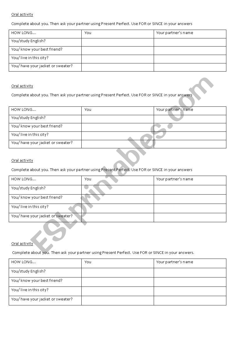 How long have you...? worksheet