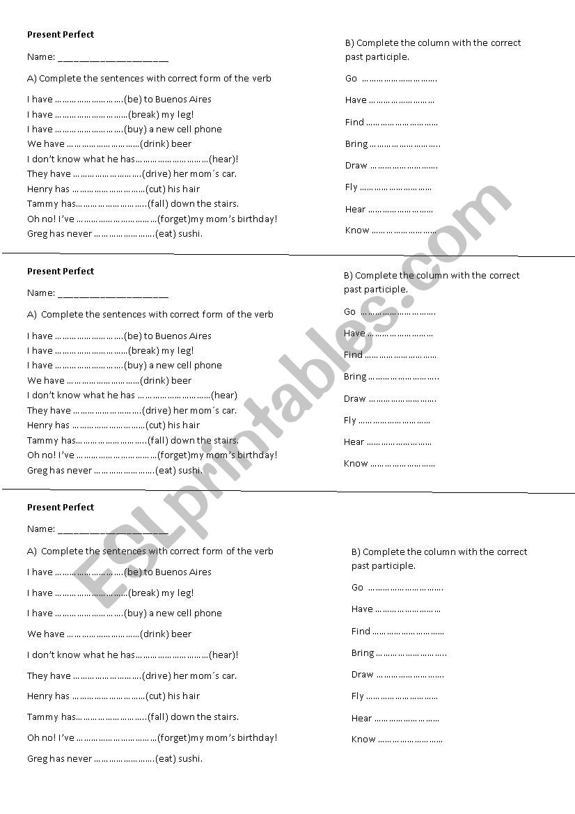 Test - Past participle Verbs  worksheet