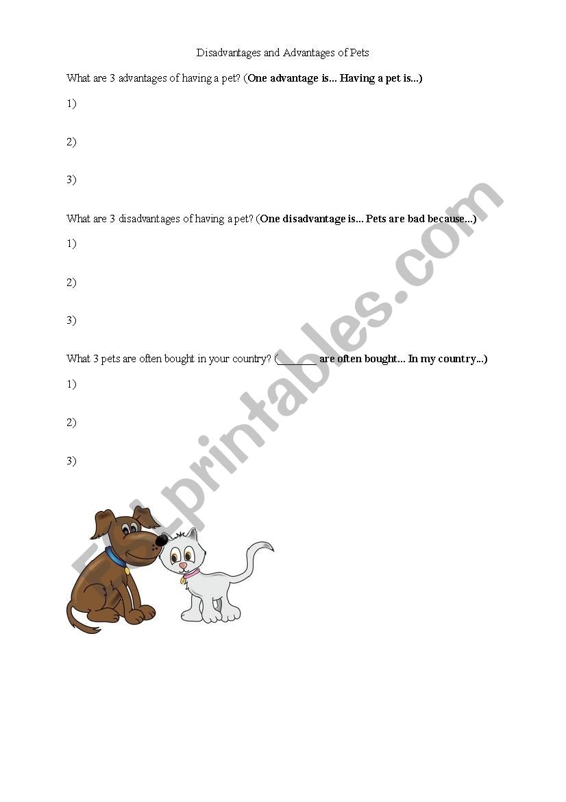Pros and Cons of pets worksheet