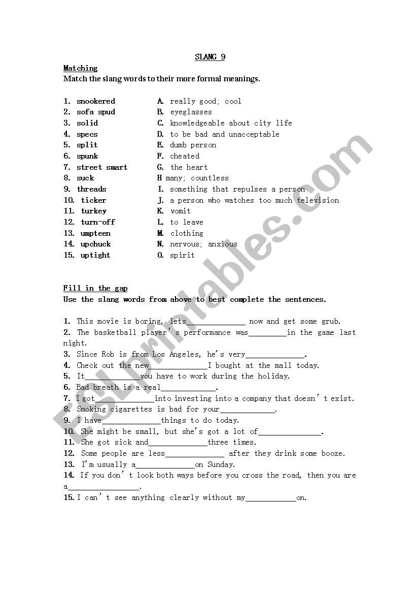 Slang Words (9/10) worksheet