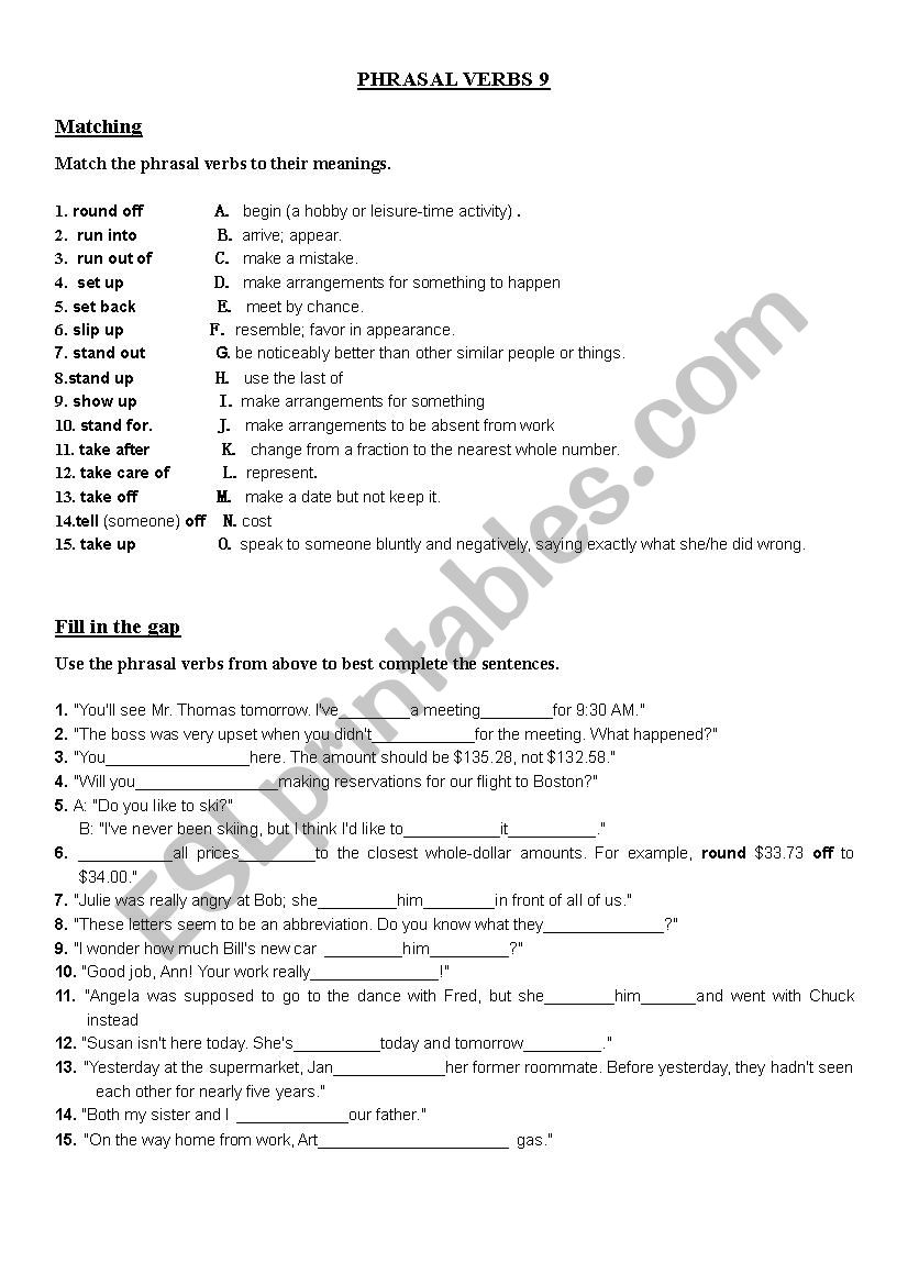 Phrasal Verbs (9/10) worksheet