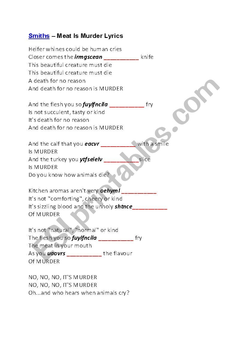 meat is murder song worksheet