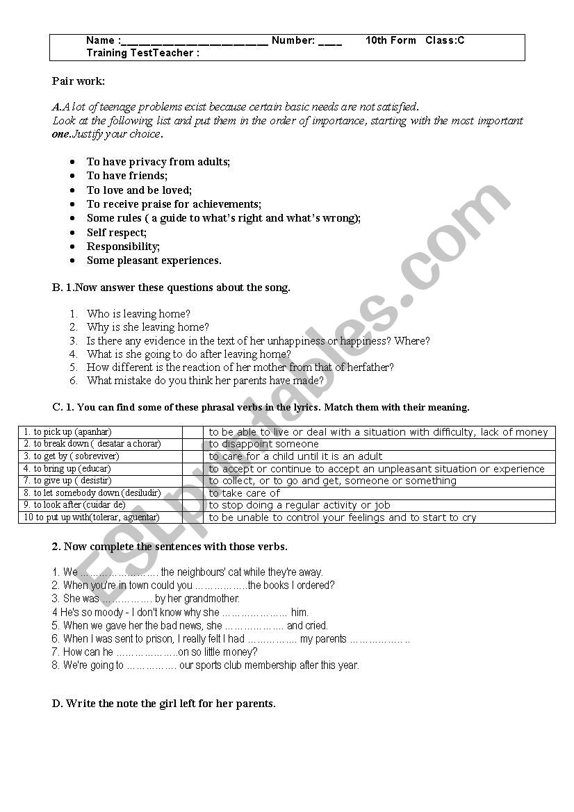 Exercises about the song « She ´s leaving home» ESL worksheet by