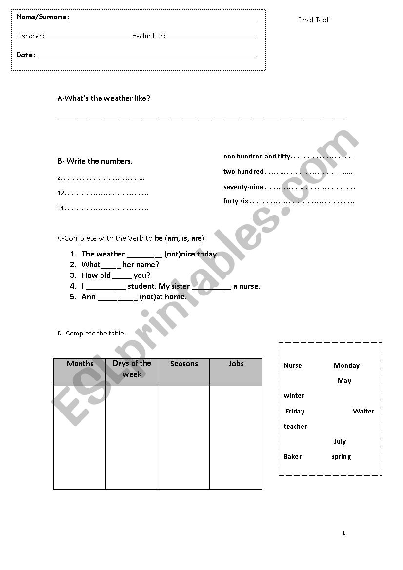 Test adults worksheet