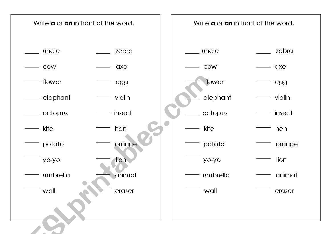 articles worksheet