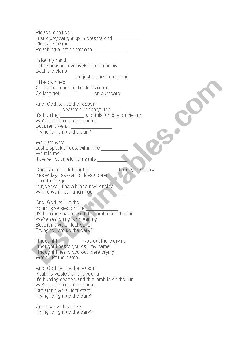 lost stars by adam levine worksheet