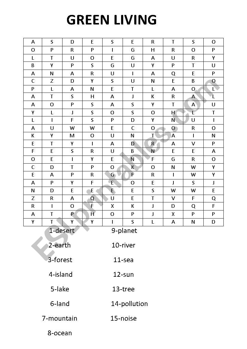 GREEN LIVING - A Wordsearch worksheet