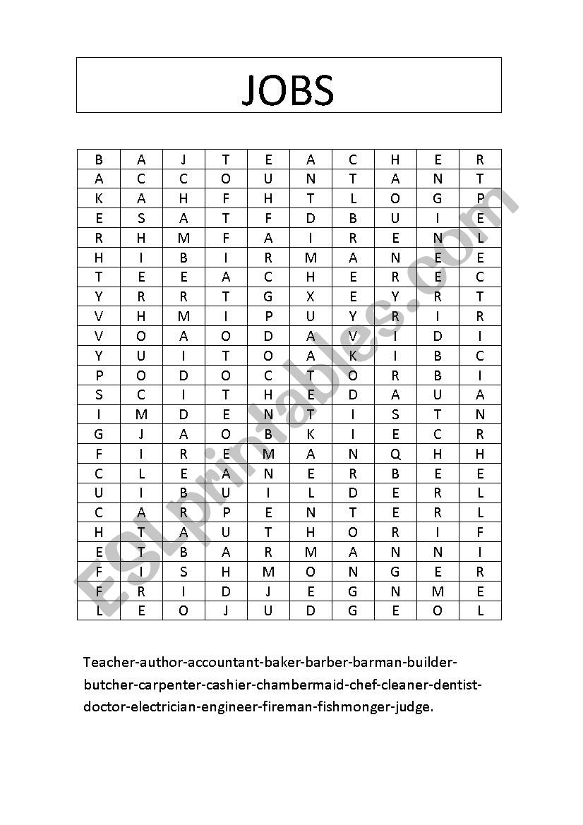 JOBS - A wordsearch worksheet