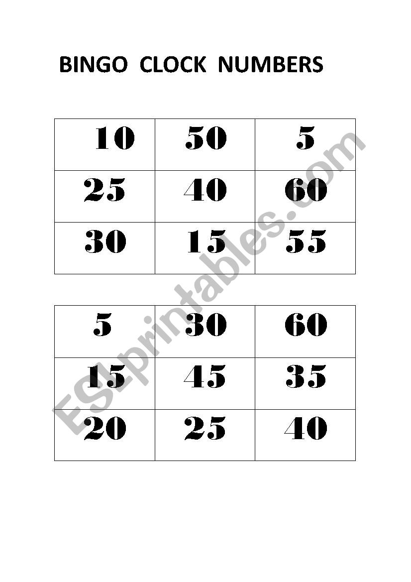 BINGO CLOCK NUMBERS worksheet