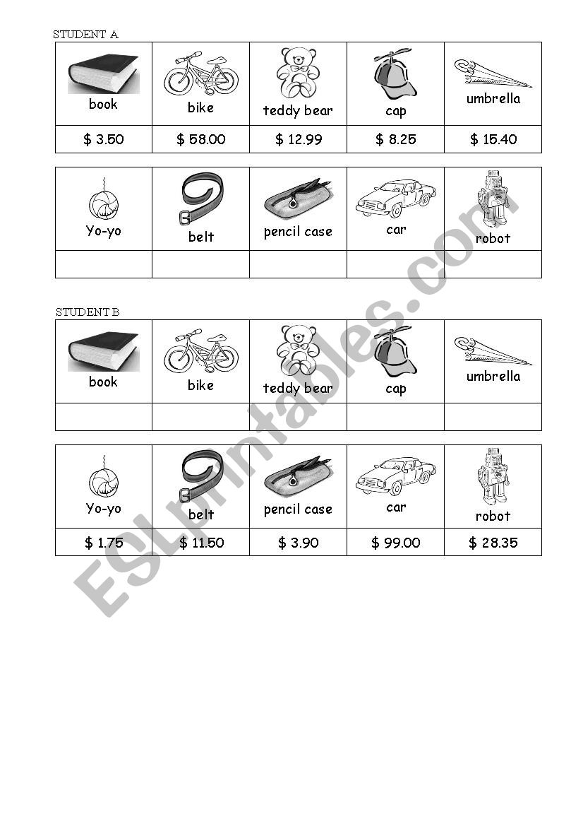 Pair work - Price worksheet