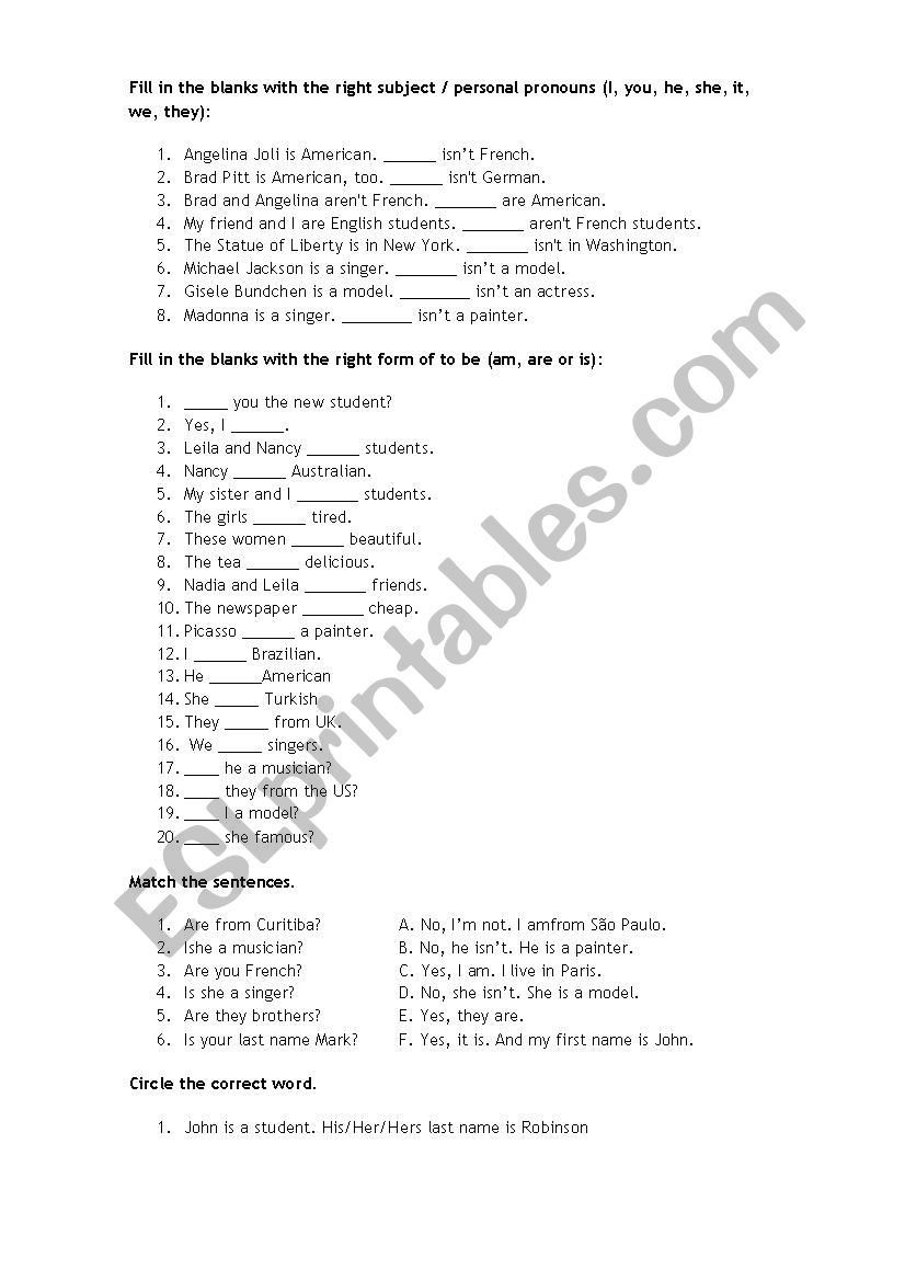 Pronouns and verb to be worksheet