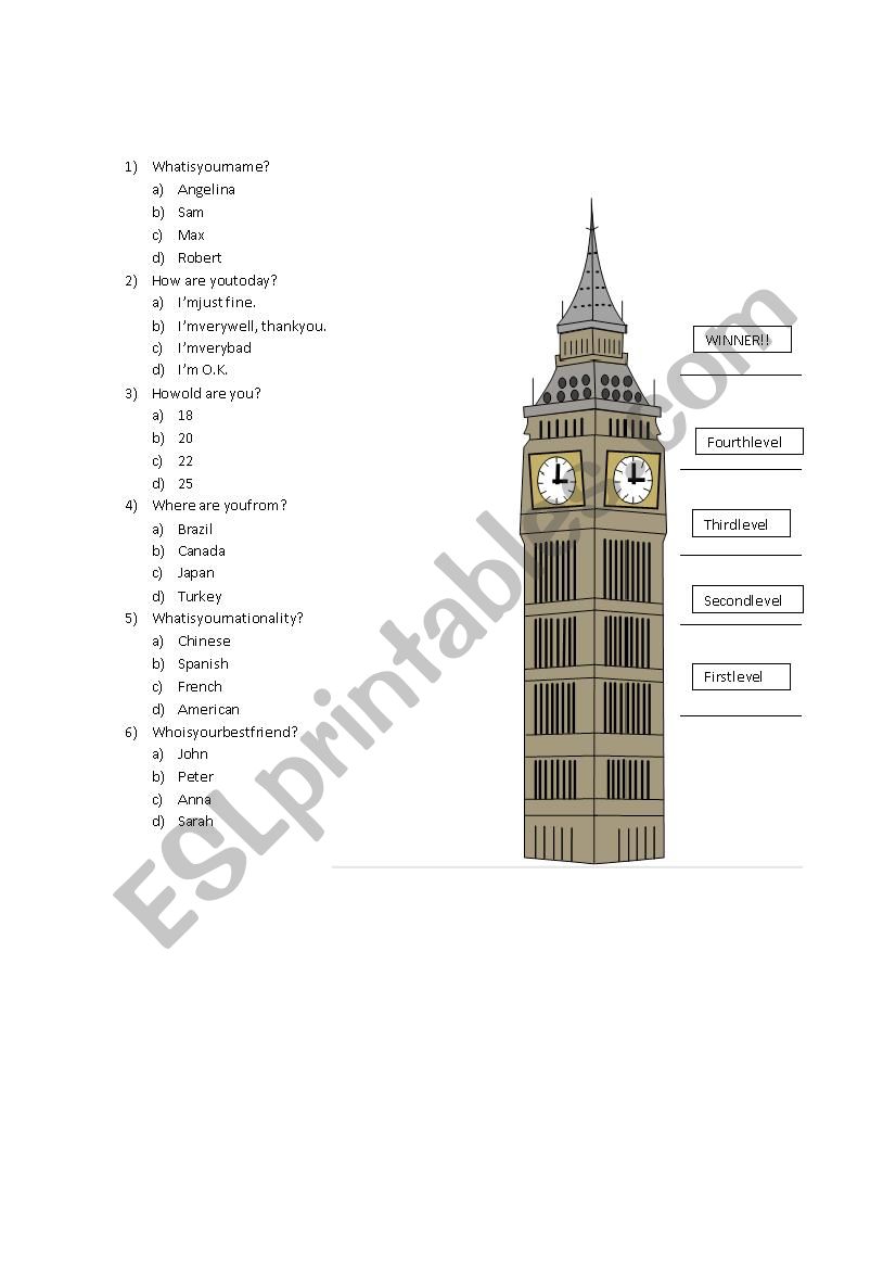 Tower game worksheet