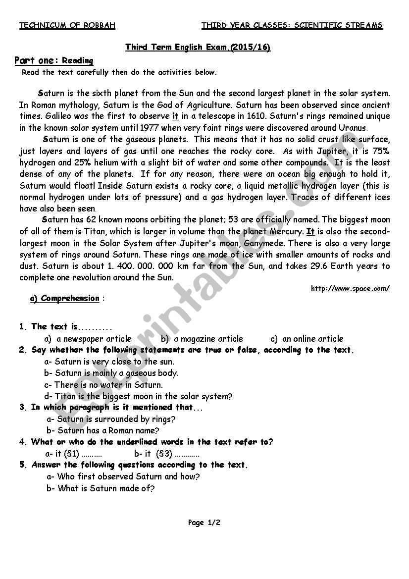 Planet Saturn worksheet