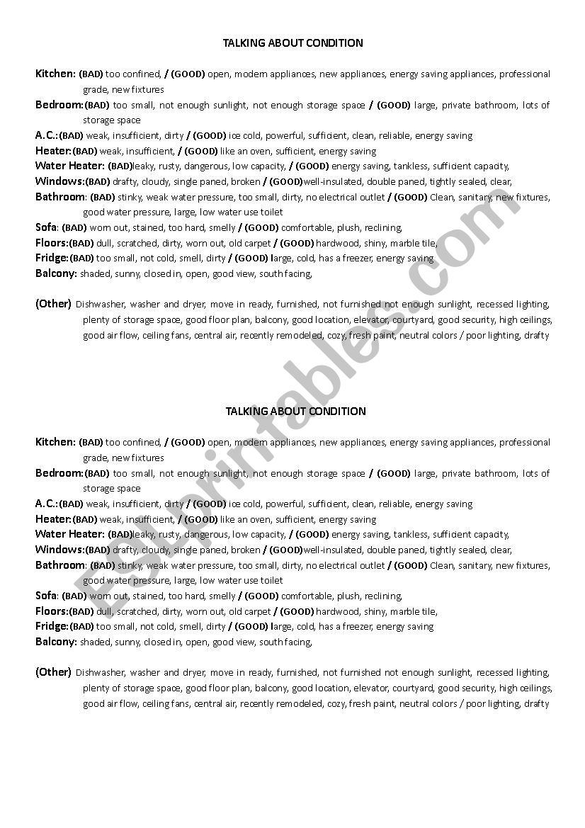 Apartment / House conditions worksheet