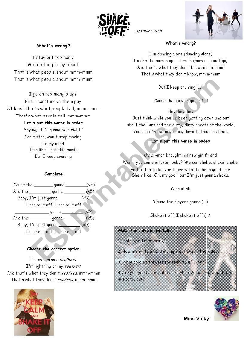Shake it off By Taylor Swift worksheet