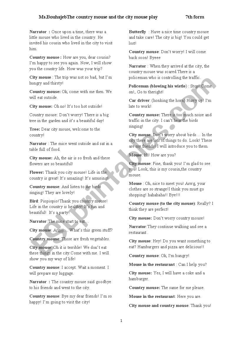 country mouse city mouse play worksheet