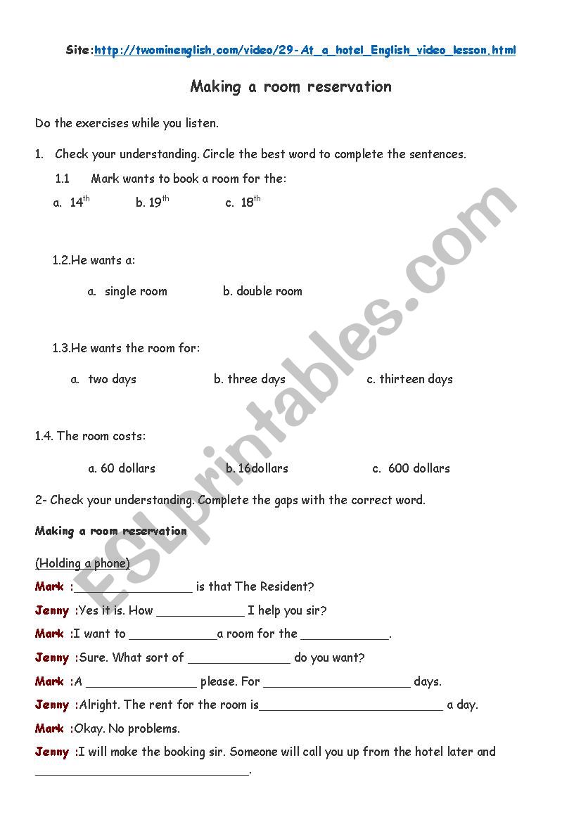 Hotel Reservation worksheet