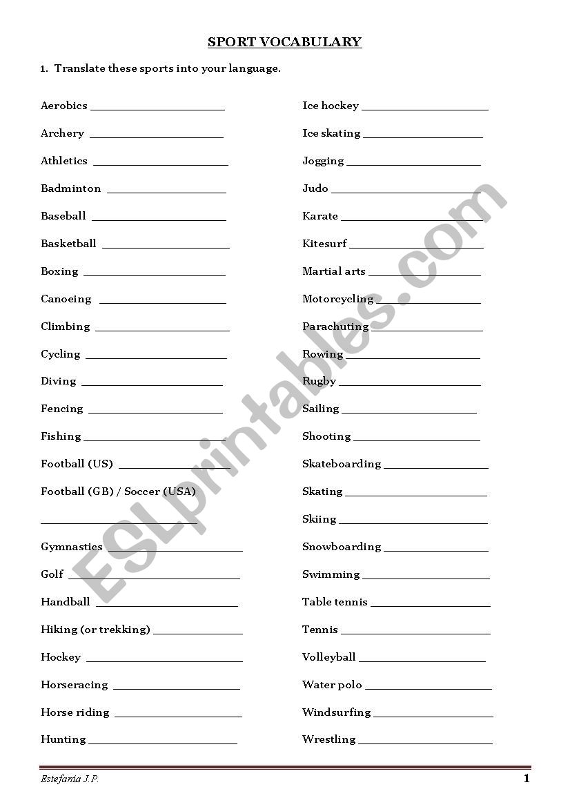 Sports vocabulary worksheet