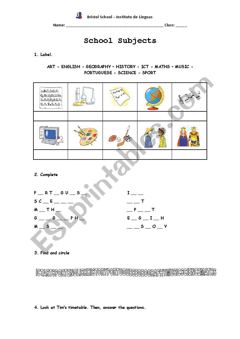 School Subjects worksheet