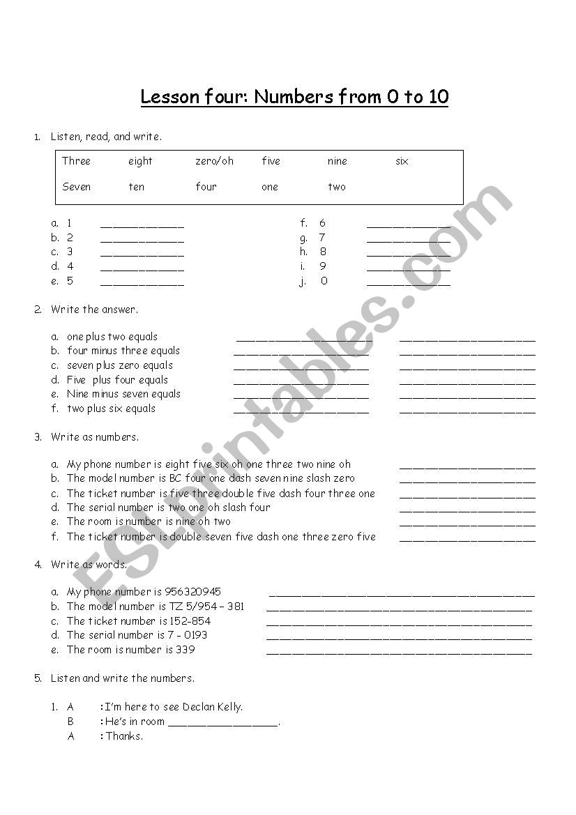 numbers worksheet