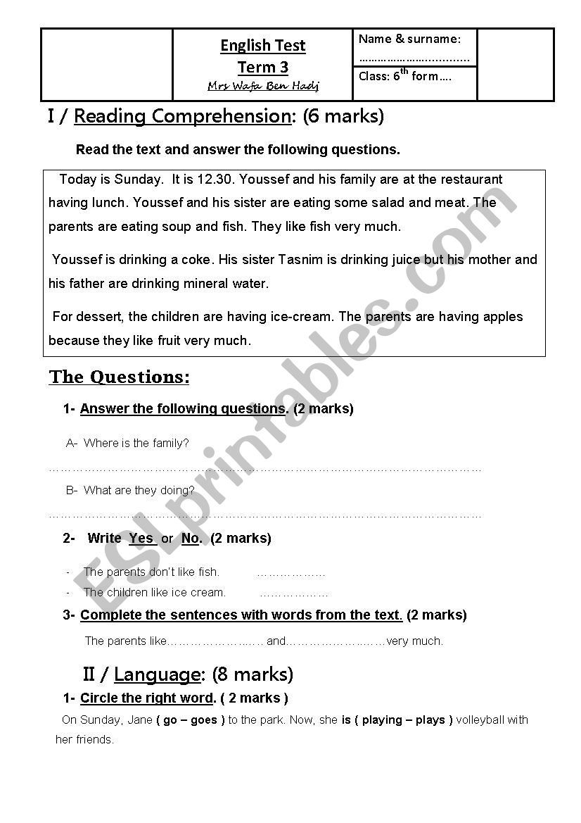 English Test - Term 3 worksheet