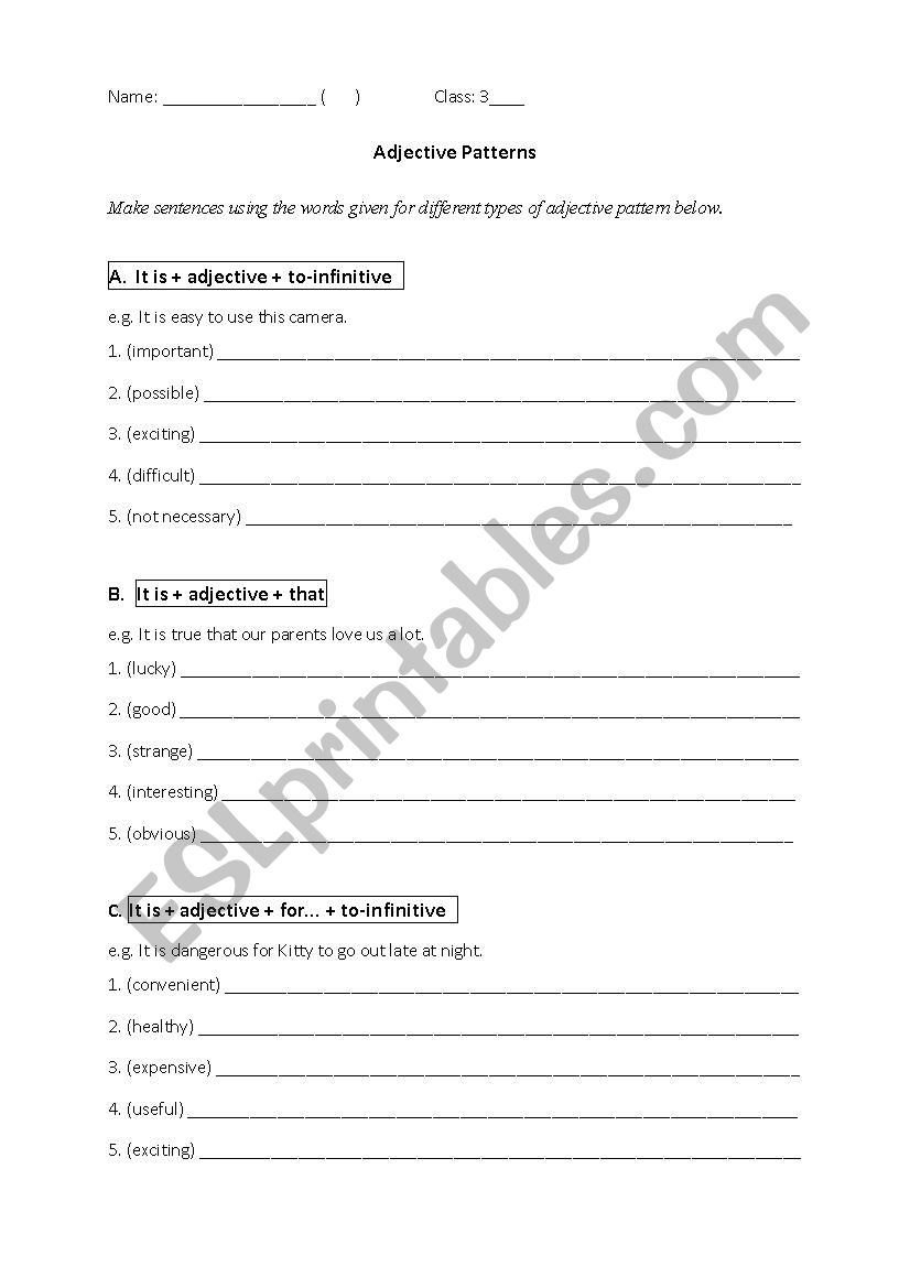 Adjective patterns worksheet