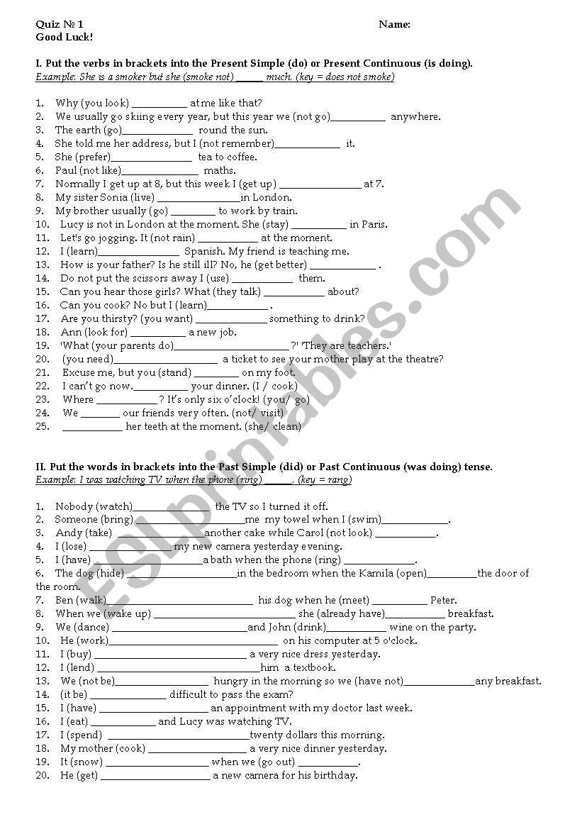 Past Simple Past Continuous, Present Simple and Present Continuous