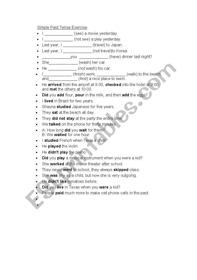 Simple Past Tense worksheet worksheet