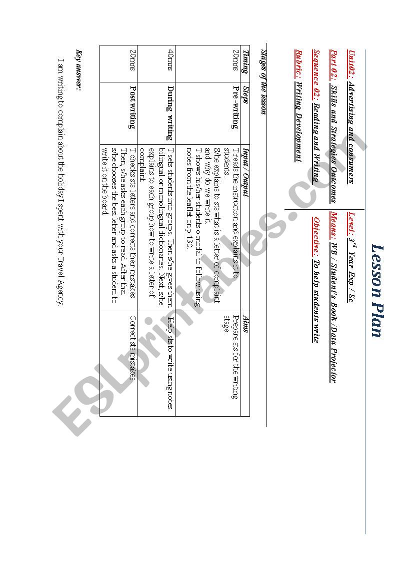 A lesson  Plan worksheet