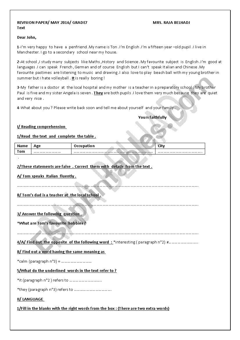 Revision papers Grade 7 Tunisian students module 5