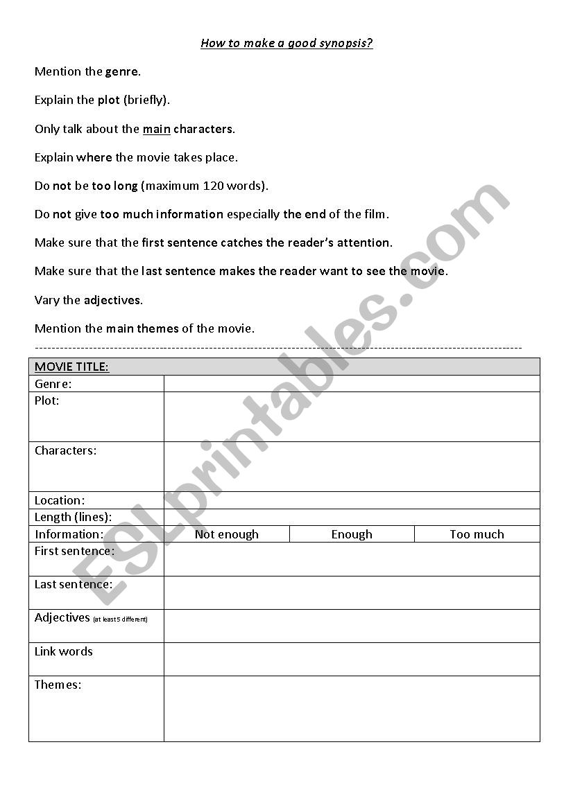 How to make a good synopsis  worksheet